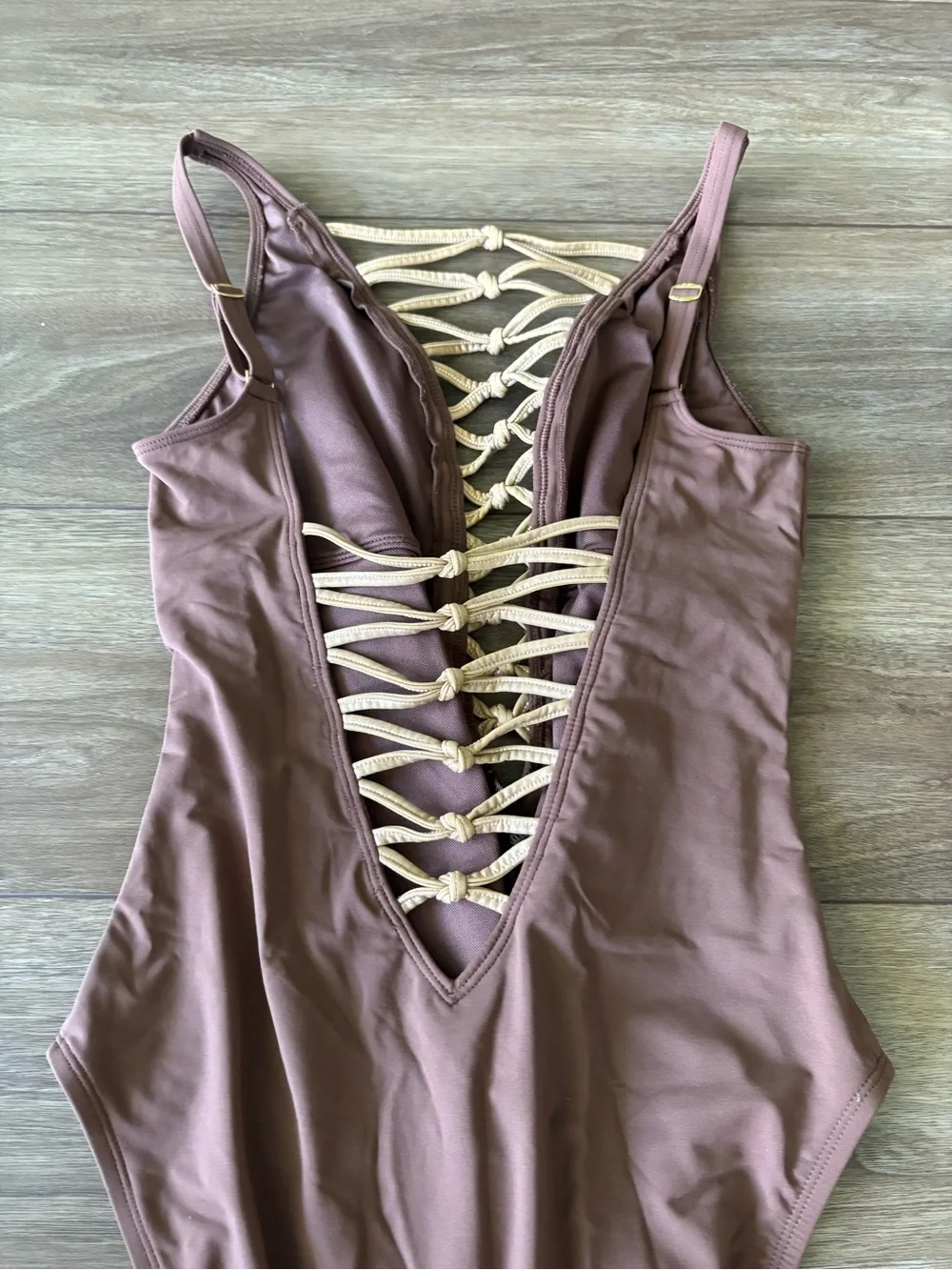 Bleu Rod Beattie Brown One-Piece Swimsuit with Gold Lace-Up Front